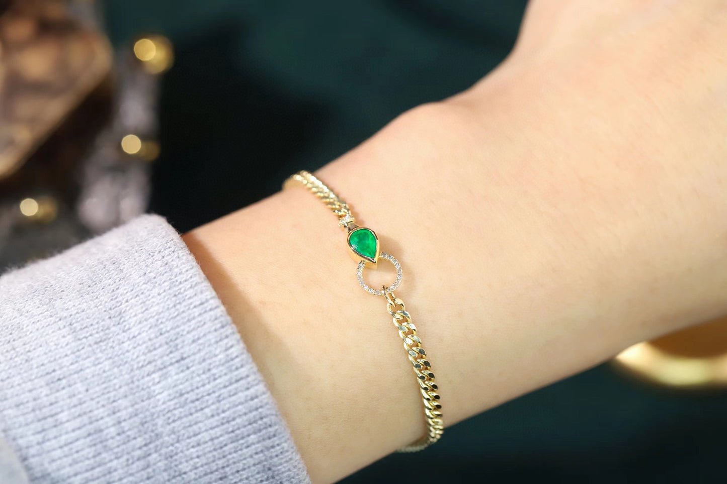 18K Solid Gold Emerald Diamond Bracelet