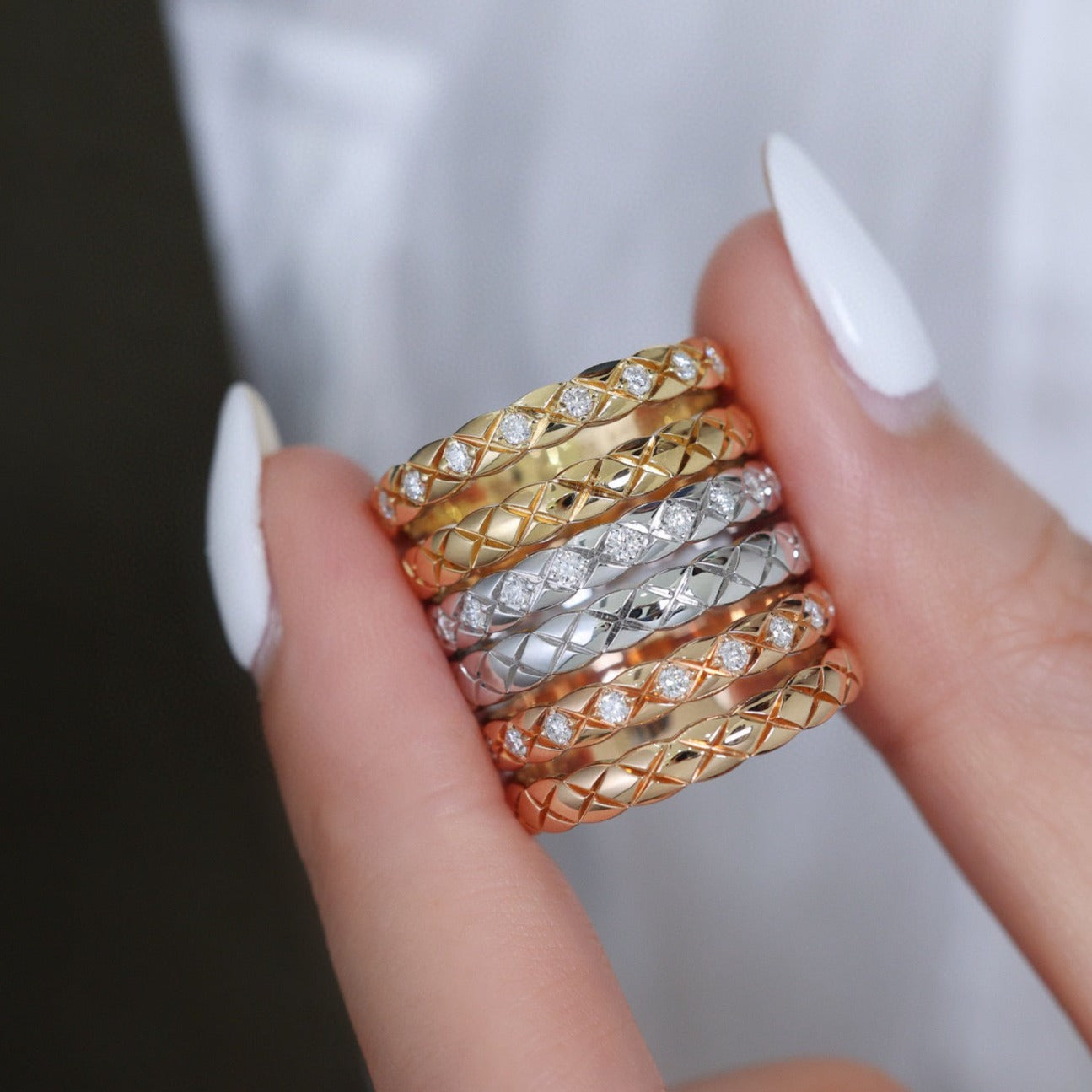 18K Solid Gold Diamond Ring, Checker ring , Diamond Band