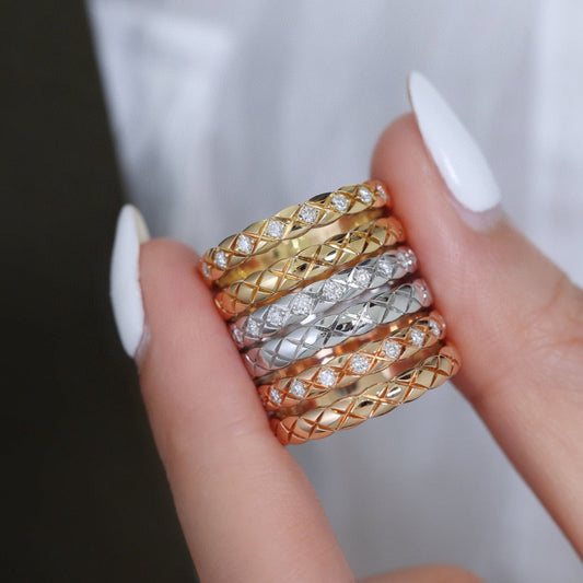 18K Solid Gold Diamond Ring, Checker ring , Diamond Band