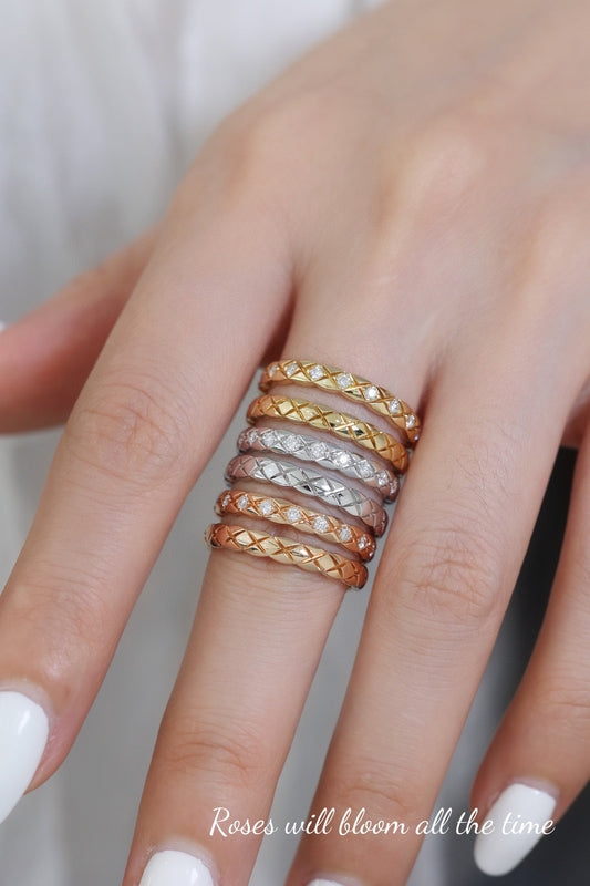 18K Solid Gold Diamond Ring, Checker ring , Diamond Band